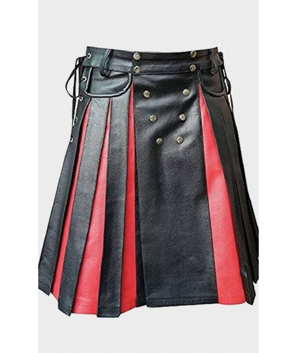 Black and Red Gladiator Pleated Leather Kilt