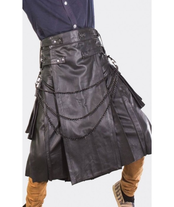 Black Gothic Leather Kilt With Black Chain