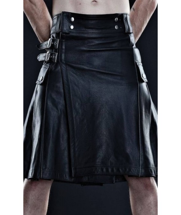 Black Leather Kilt With Side Pockets