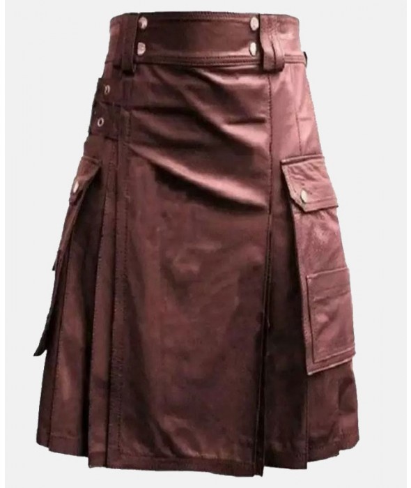 Chocolate Brown Leather Kilt with Cargo Pockets