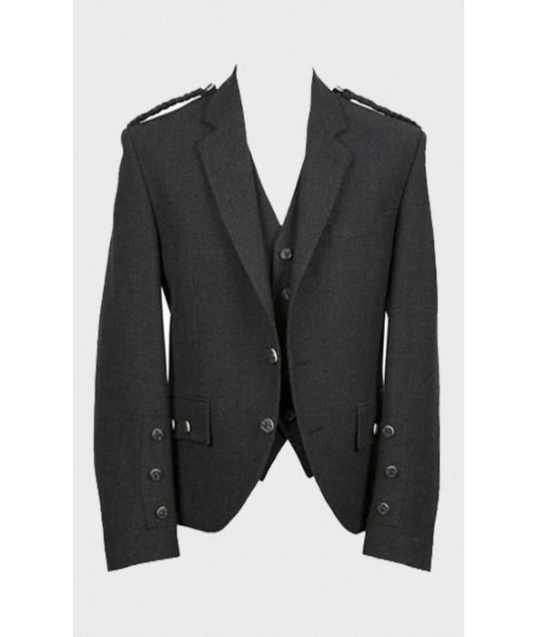 Crail Charcoal Tweed Wool Jacket &Waistcoat-Highlander Kilt