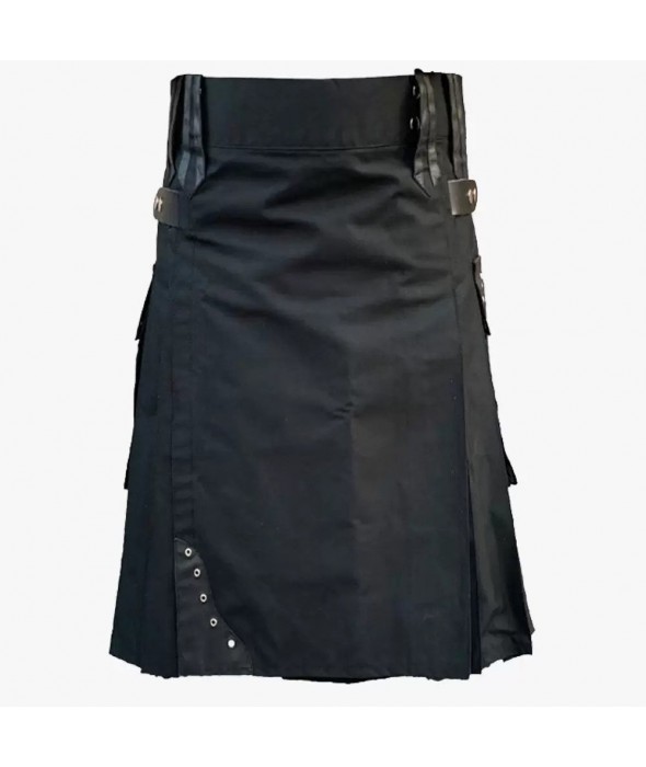 Black Cotton Utility Kilt With Leather Straps