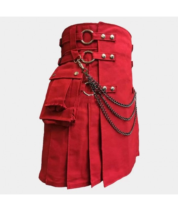 Red Canvas Cloth Straps Utility Kilt For Men
