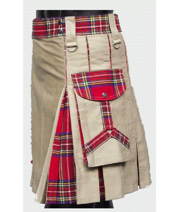 Khaki With Royal Stewart Tartan Hybrid Utility Kilt