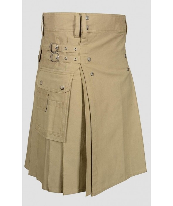 Khaki Utility Kilt with Round pockets For Men