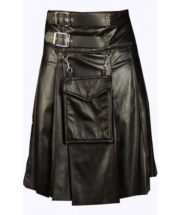 Man Cowhide Black Leather Kilt