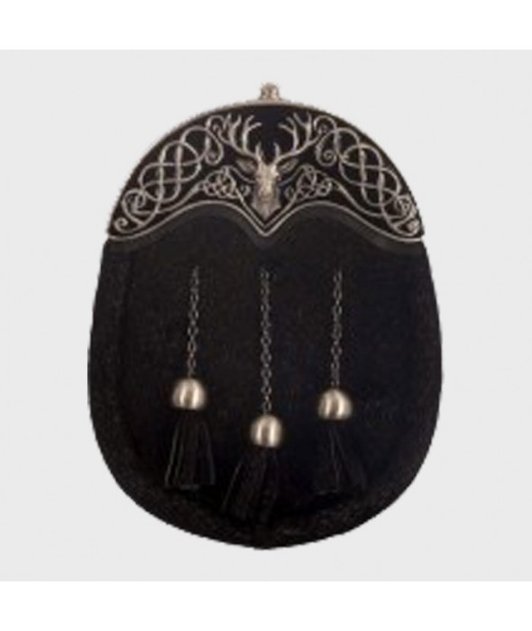 SEAL SKIN FULL DRESS SPORRAN MATT FINISH CANTLE BLACK ENAMEL STAG DESIGN BLACK SEAL SKIN