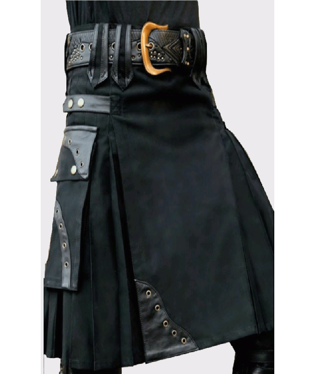 Black Utility Kilt With Leather Patches