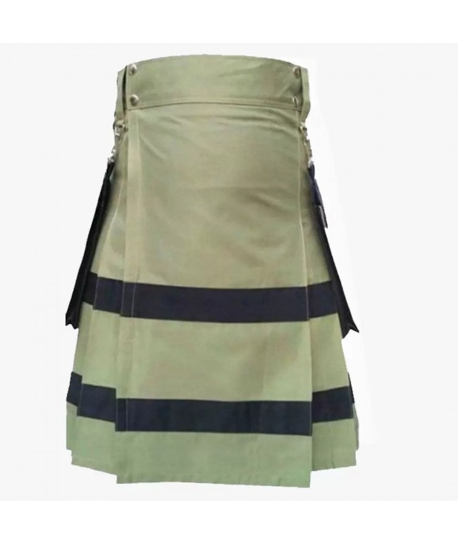 Olive Green Utility Kilt with Black Stripes For Men