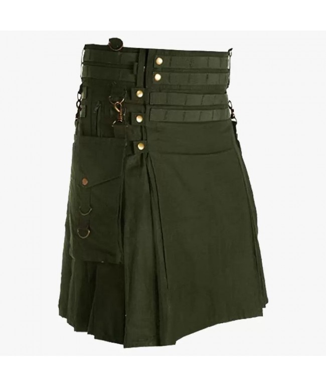 Deluxe Olive Green Modern Utility Kilt For Men