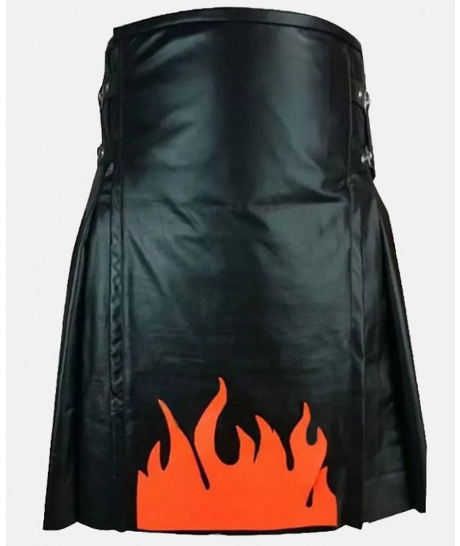 Fire Flame Black Leather Kilt