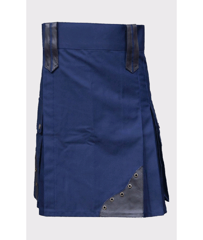 New Blue Utility Kilt With Leather Patches For Men