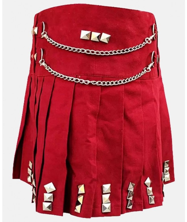 New Red Fashion With Silver Chain Utility Kilt