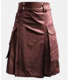 Chocolate Brown Leather Kilt with Cargo Pockets