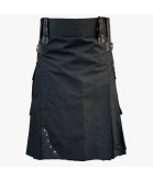 Black Cotton Utility Kilt With Leather Straps