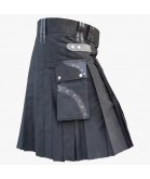 Black Cotton Utility Kilt With Leather Straps