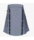 Grey Utility Kilt With Leather Straps