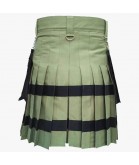 Olive Green Utility Kilt with Black Stripes For Men