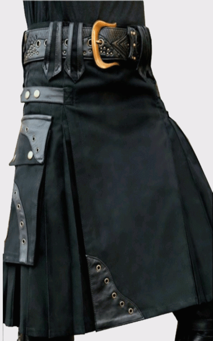 Black Utility Kilt With Leather Patches