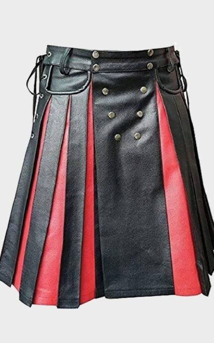 Black and Red Gladiator Pleated Leather Kilt