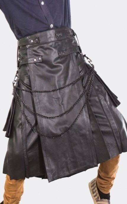Black Gothic Leather Kilt With Black Chain