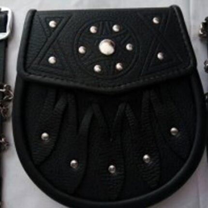 Brand New Celticc Design Black Leather Sporran with S-Chain Kilt & Belt Bagpipe
