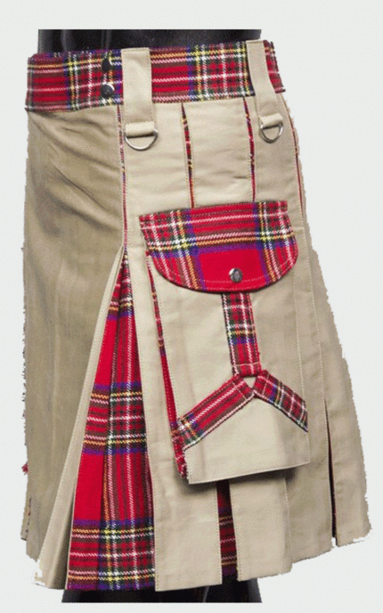 Khaki With Royal Stewart Tartan Hybrid Utility Kilt