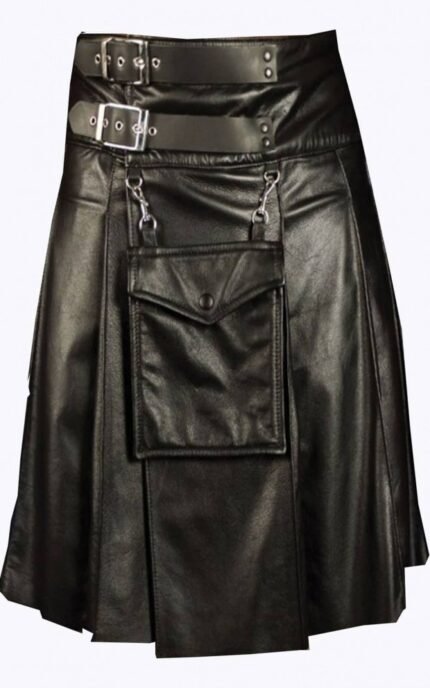Man Cowhide Black Leather Kilt
