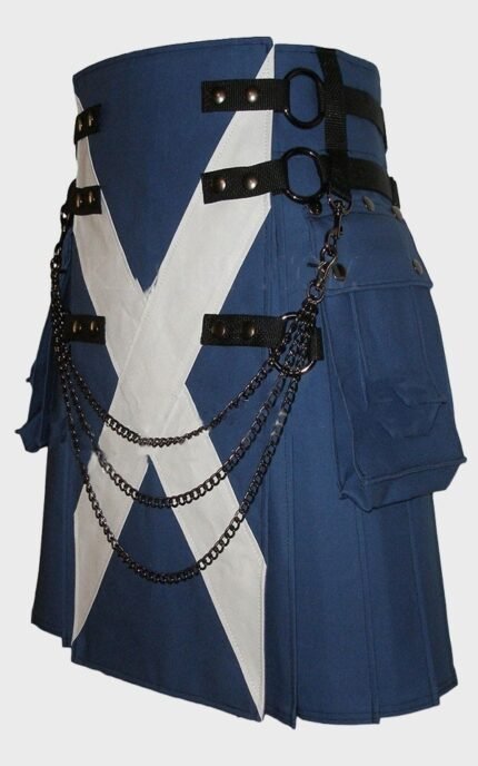 Royal Blue Canvas Saint Flag Kilt With Chains For Man